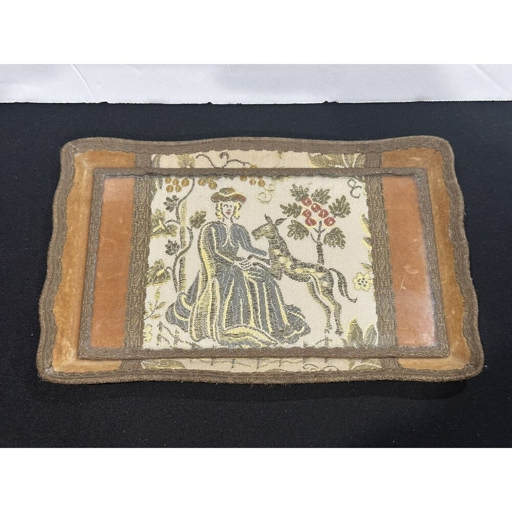 Antique Schreibmayr Wood Lace Embroided Fabric Glass Letter Trinket Jewelry Tray